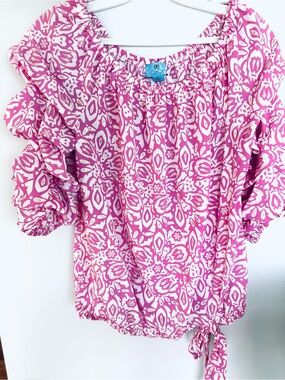 CeCe Pink Gold Metallic Abstract On or Off Shoulder Ruffle Sleeve Blouse Small